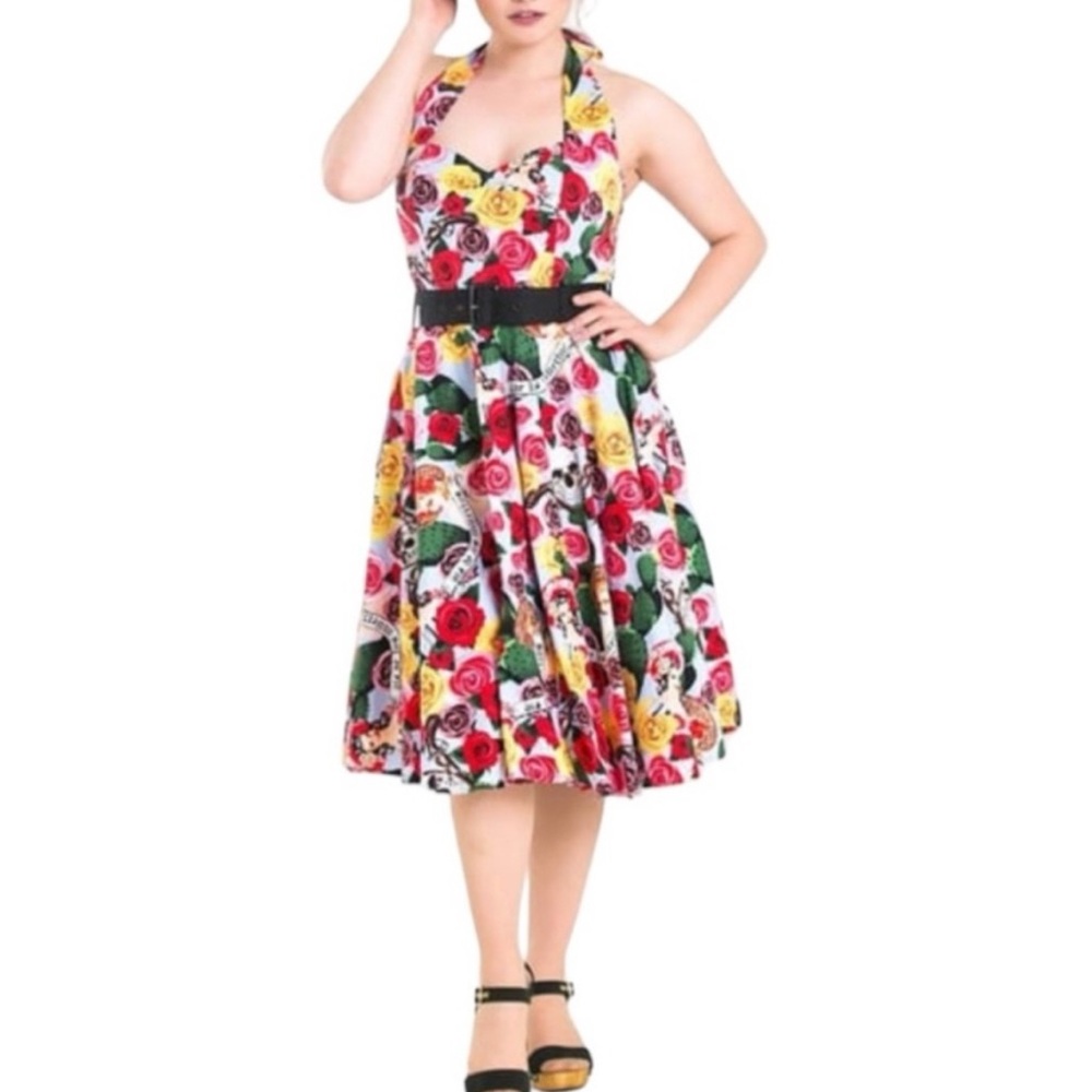 Hell Bunny Floral Skull Dress with Red, Yellow and Black Accents L - Picture 2 of 3